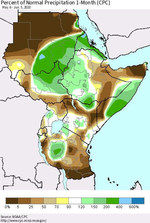 Eastern Africa Percent of Normal Precipitation 1-Month (CPC) Thematic Map For 5/6/2020 - 6/5/2020