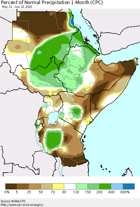 Eastern Africa Percent of Normal Precipitation 1-Month (CPC) Thematic Map For 5/11/2020 - 6/10/2020