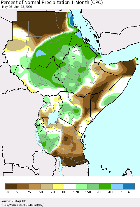 Eastern Africa Percent of Normal Precipitation 1-Month (CPC) Thematic Map For 5/16/2020 - 6/15/2020