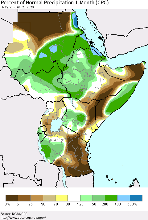 Eastern Africa Percent of Normal Precipitation 1-Month (CPC) Thematic Map For 5/21/2020 - 6/20/2020