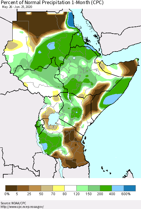 Eastern Africa Percent of Normal Precipitation 1-Month (CPC) Thematic Map For 5/26/2020 - 6/25/2020