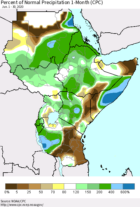 Eastern Africa Percent of Normal Precipitation 1-Month (CPC) Thematic Map For 6/1/2020 - 6/30/2020