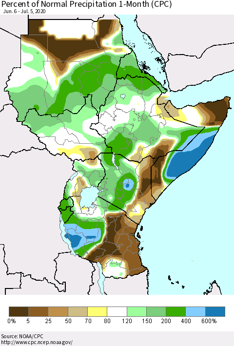 Eastern Africa Percent of Normal Precipitation 1-Month (CPC) Thematic Map For 6/6/2020 - 7/5/2020