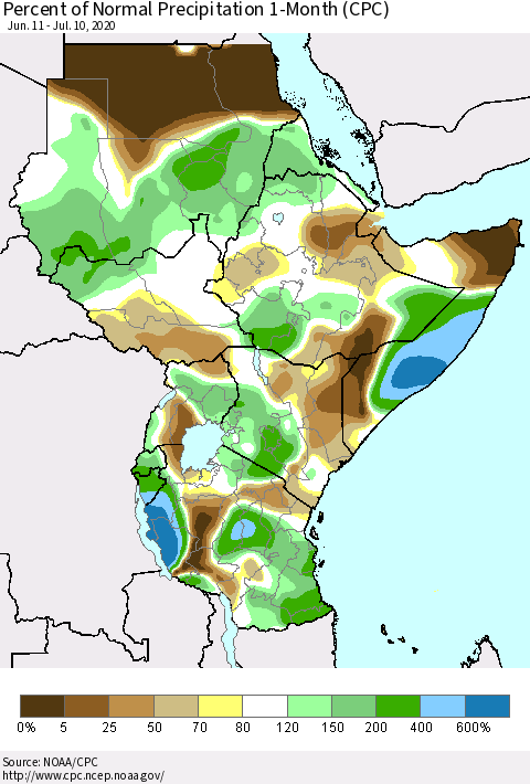Eastern Africa Percent of Normal Precipitation 1-Month (CPC) Thematic Map For 6/11/2020 - 7/10/2020