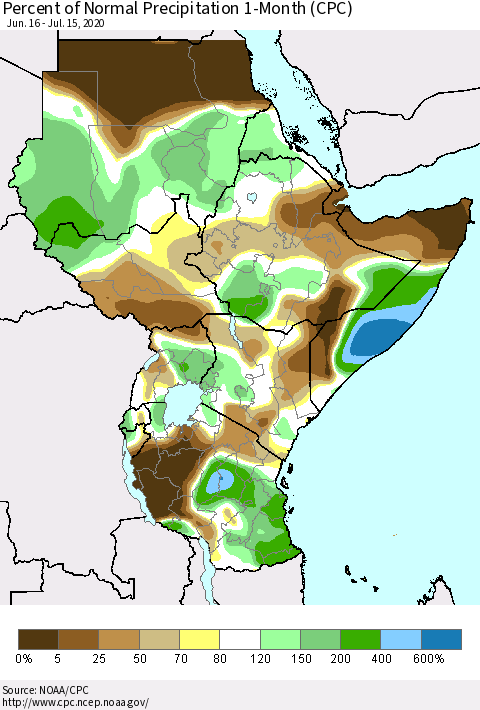 Eastern Africa Percent of Normal Precipitation 1-Month (CPC) Thematic Map For 6/16/2020 - 7/15/2020