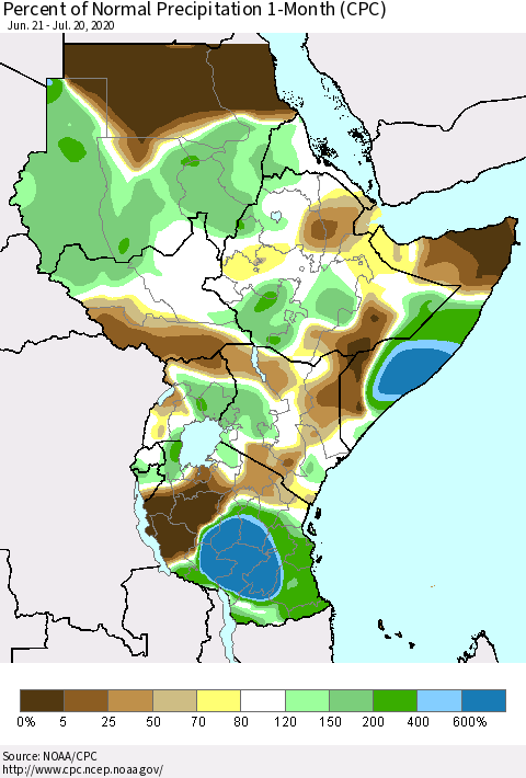 Eastern Africa Percent of Normal Precipitation 1-Month (CPC) Thematic Map For 6/21/2020 - 7/20/2020