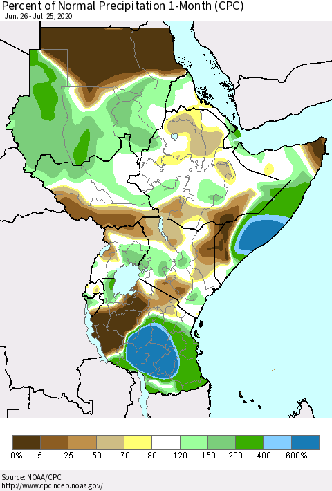 Eastern Africa Percent of Normal Precipitation 1-Month (CPC) Thematic Map For 6/26/2020 - 7/25/2020