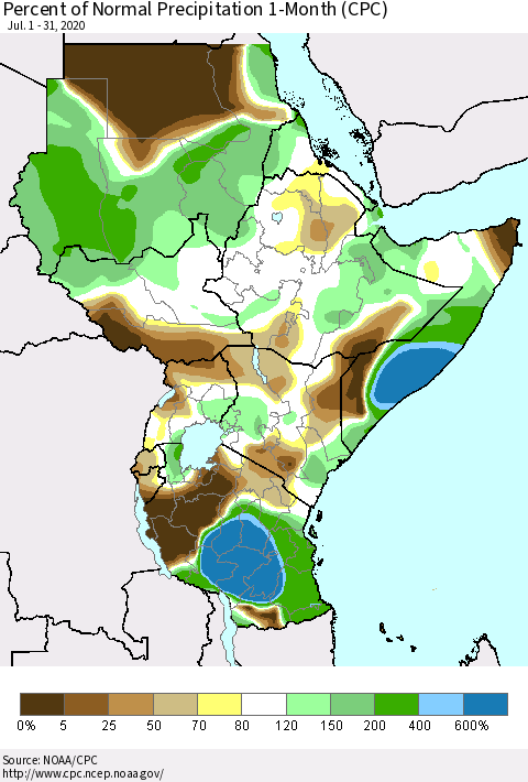 Eastern Africa Percent of Normal Precipitation 1-Month (CPC) Thematic Map For 7/1/2020 - 7/31/2020