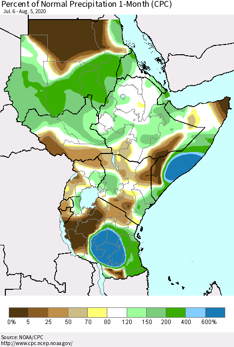 Eastern Africa Percent of Normal Precipitation 1-Month (CPC) Thematic Map For 7/6/2020 - 8/5/2020