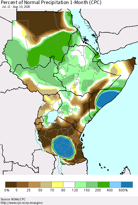 Eastern Africa Percent of Normal Precipitation 1-Month (CPC) Thematic Map For 7/11/2020 - 8/10/2020