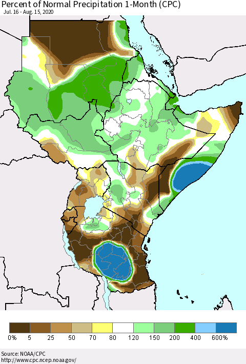 Eastern Africa Percent of Normal Precipitation 1-Month (CPC) Thematic Map For 7/16/2020 - 8/15/2020