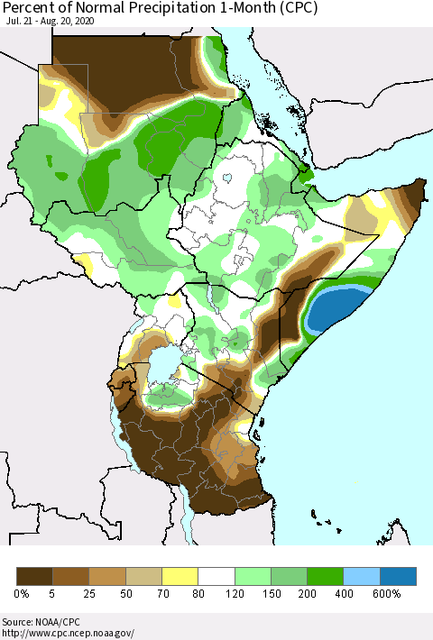 Eastern Africa Percent of Normal Precipitation 1-Month (CPC) Thematic Map For 7/21/2020 - 8/20/2020