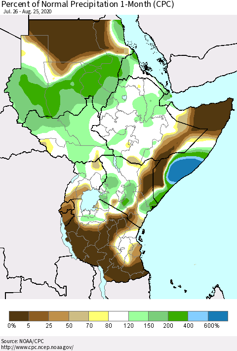 Eastern Africa Percent of Normal Precipitation 1-Month (CPC) Thematic Map For 7/26/2020 - 8/25/2020