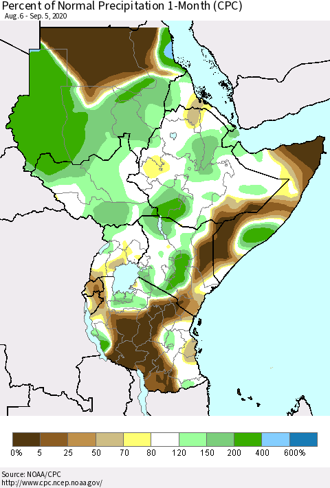 Eastern Africa Percent of Normal Precipitation 1-Month (CPC) Thematic Map For 8/6/2020 - 9/5/2020