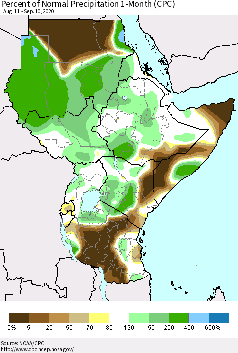 Eastern Africa Percent of Normal Precipitation 1-Month (CPC) Thematic Map For 8/11/2020 - 9/10/2020