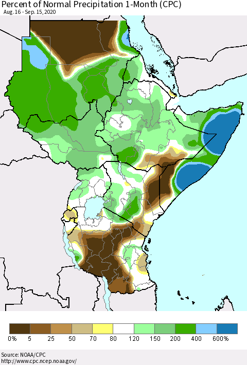 Eastern Africa Percent of Normal Precipitation 1-Month (CPC) Thematic Map For 8/16/2020 - 9/15/2020