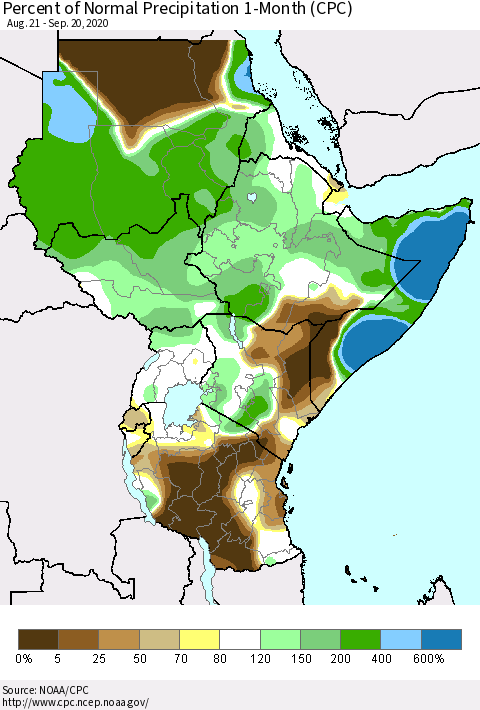 Eastern Africa Percent of Normal Precipitation 1-Month (CPC) Thematic Map For 8/21/2020 - 9/20/2020