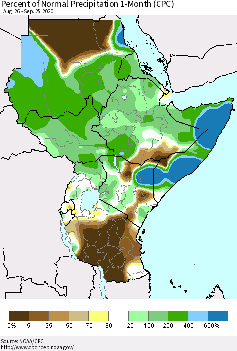 Eastern Africa Percent of Normal Precipitation 1-Month (CPC) Thematic Map For 8/26/2020 - 9/25/2020