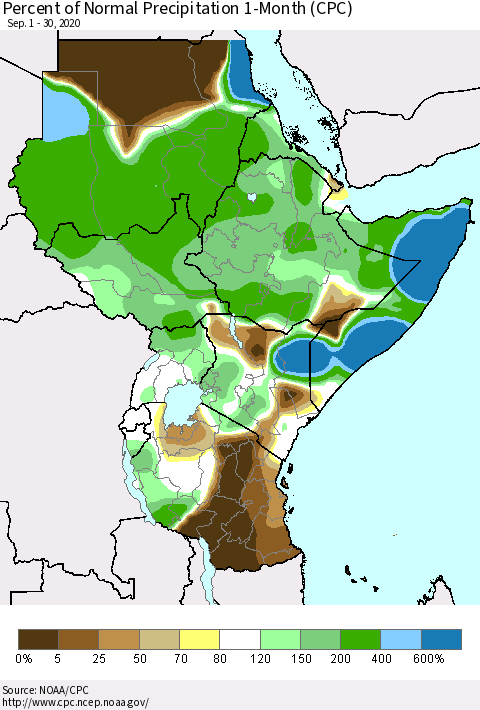 Eastern Africa Percent of Normal Precipitation 1-Month (CPC) Thematic Map For 9/1/2020 - 9/30/2020