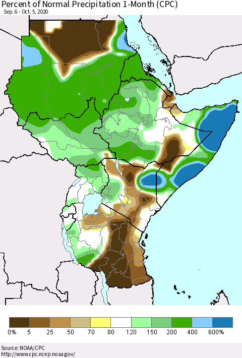 Eastern Africa Percent of Normal Precipitation 1-Month (CPC) Thematic Map For 9/6/2020 - 10/5/2020