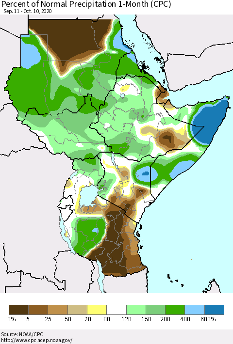Eastern Africa Percent of Normal Precipitation 1-Month (CPC) Thematic Map For 9/11/2020 - 10/10/2020