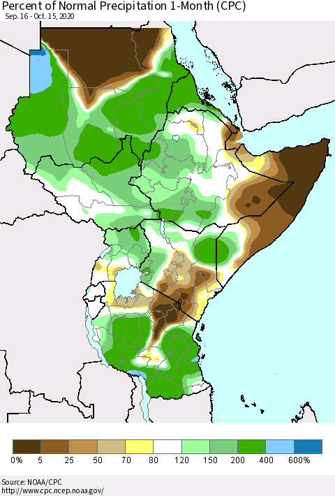 Eastern Africa Percent of Normal Precipitation 1-Month (CPC) Thematic Map For 9/16/2020 - 10/15/2020