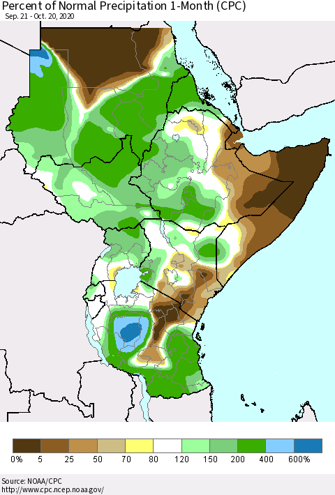 Eastern Africa Percent of Normal Precipitation 1-Month (CPC) Thematic Map For 9/21/2020 - 10/20/2020