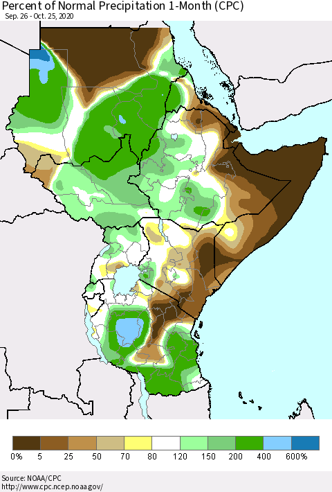 Eastern Africa Percent of Normal Precipitation 1-Month (CPC) Thematic Map For 9/26/2020 - 10/25/2020