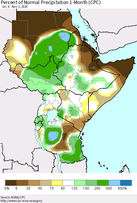 Eastern Africa Percent of Normal Precipitation 1-Month (CPC) Thematic Map For 10/6/2020 - 11/5/2020