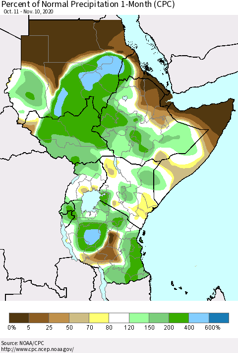 Eastern Africa Percent of Normal Precipitation 1-Month (CPC) Thematic Map For 10/11/2020 - 11/10/2020