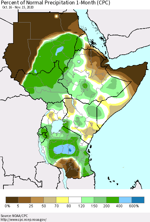 Eastern Africa Percent of Normal Precipitation 1-Month (CPC) Thematic Map For 10/16/2020 - 11/15/2020