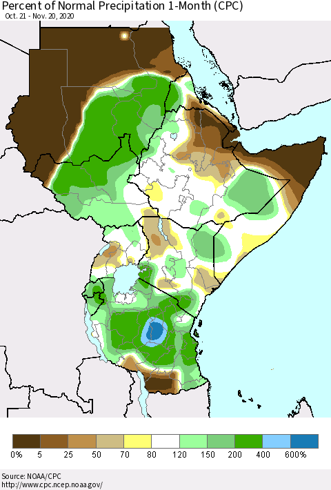 Eastern Africa Percent of Normal Precipitation 1-Month (CPC) Thematic Map For 10/21/2020 - 11/20/2020