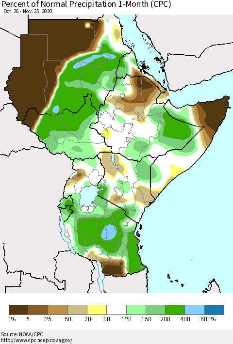 Eastern Africa Percent of Normal Precipitation 1-Month (CPC) Thematic Map For 10/26/2020 - 11/25/2020