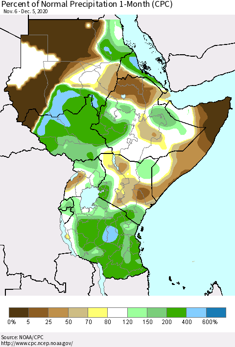 Eastern Africa Percent of Normal Precipitation 1-Month (CPC) Thematic Map For 11/6/2020 - 12/5/2020