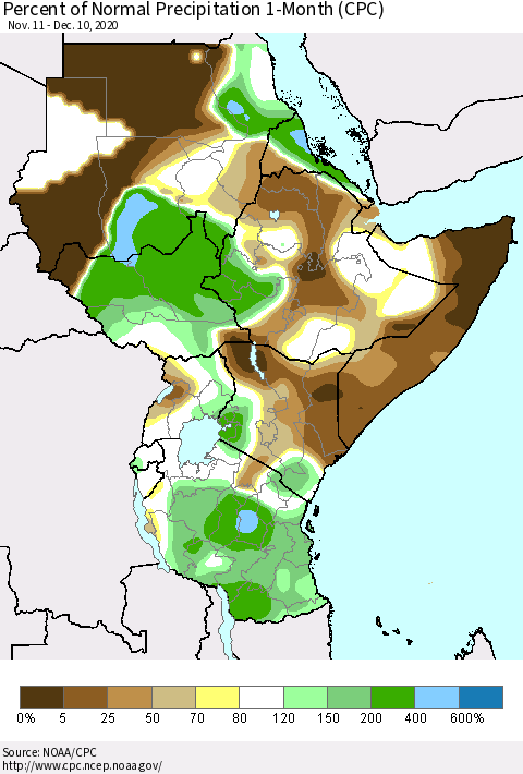 Eastern Africa Percent of Normal Precipitation 1-Month (CPC) Thematic Map For 11/11/2020 - 12/10/2020