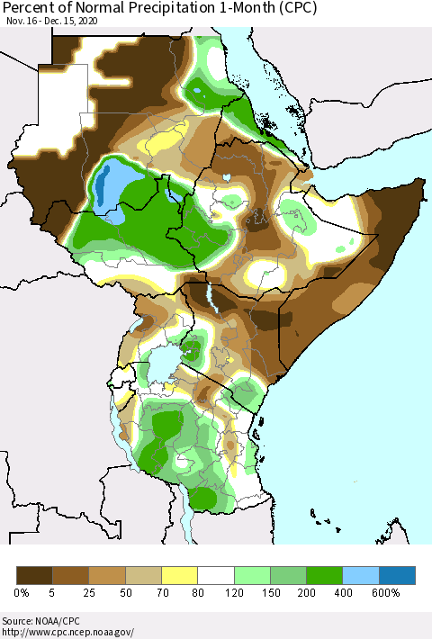 Eastern Africa Percent of Normal Precipitation 1-Month (CPC) Thematic Map For 11/16/2020 - 12/15/2020