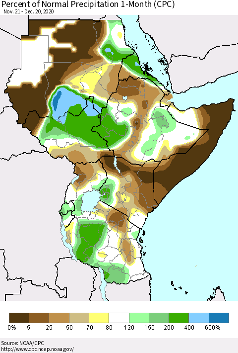 Eastern Africa Percent of Normal Precipitation 1-Month (CPC) Thematic Map For 11/21/2020 - 12/20/2020