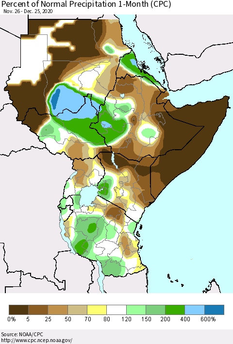 Eastern Africa Percent of Normal Precipitation 1-Month (CPC) Thematic Map For 11/26/2020 - 12/25/2020