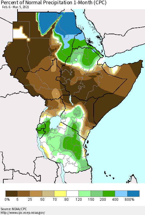 Eastern Africa Percent of Normal Precipitation 1-Month (CPC) Thematic Map For 2/6/2021 - 3/5/2021