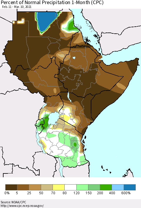 Eastern Africa Percent of Normal Precipitation 1-Month (CPC) Thematic Map For 2/11/2021 - 3/10/2021