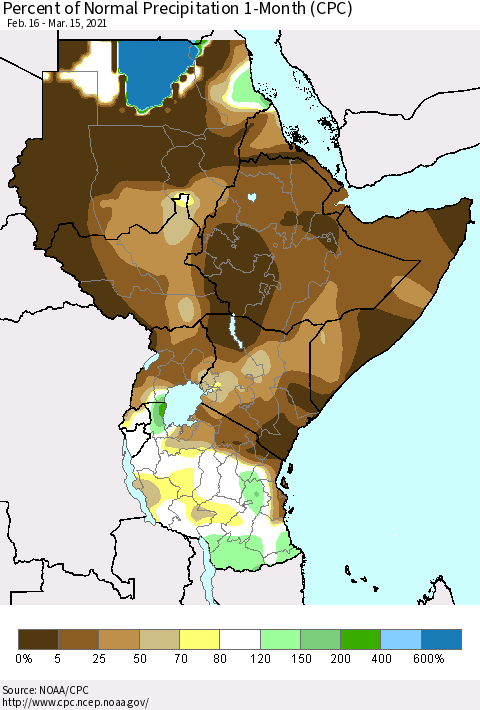 Eastern Africa Percent of Normal Precipitation 1-Month (CPC) Thematic Map For 2/16/2021 - 3/15/2021