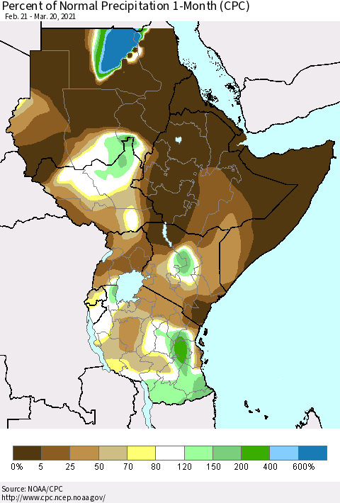 Eastern Africa Percent of Normal Precipitation 1-Month (CPC) Thematic Map For 2/21/2021 - 3/20/2021