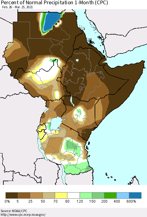 Eastern Africa Percent of Normal Precipitation 1-Month (CPC) Thematic Map For 2/26/2021 - 3/25/2021