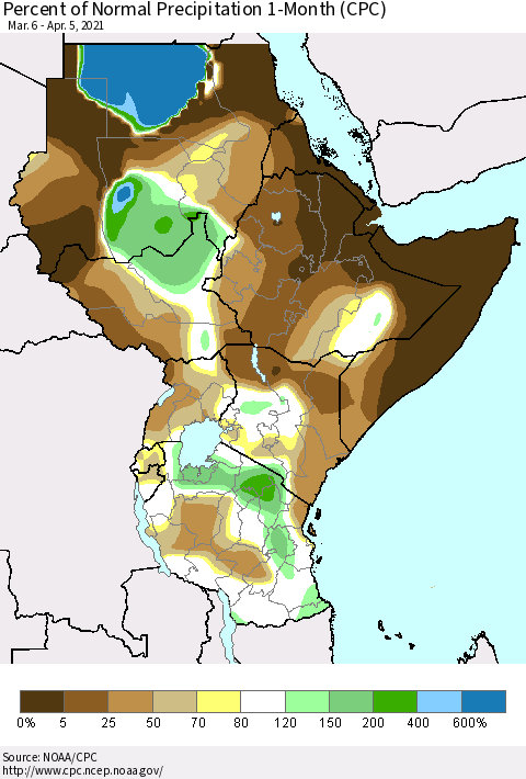 Eastern Africa Percent of Normal Precipitation 1-Month (CPC) Thematic Map For 3/6/2021 - 4/5/2021