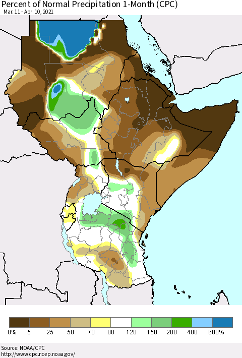 Eastern Africa Percent of Normal Precipitation 1-Month (CPC) Thematic Map For 3/11/2021 - 4/10/2021