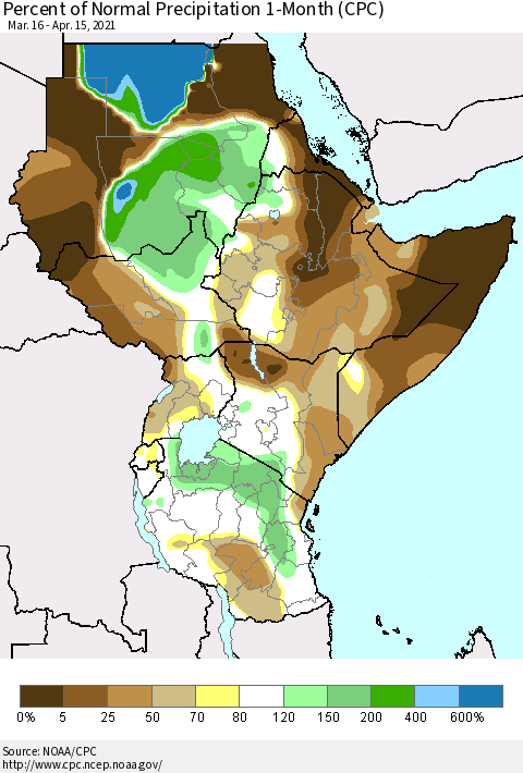 Eastern Africa Percent of Normal Precipitation 1-Month (CPC) Thematic Map For 3/16/2021 - 4/15/2021