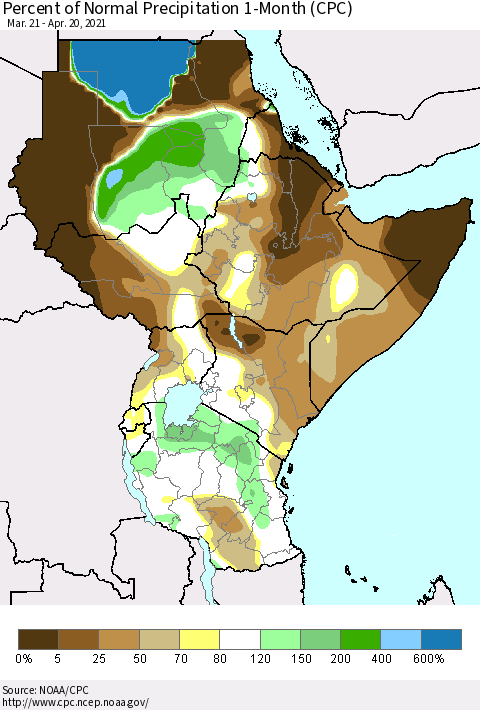 Eastern Africa Percent of Normal Precipitation 1-Month (CPC) Thematic Map For 3/21/2021 - 4/20/2021