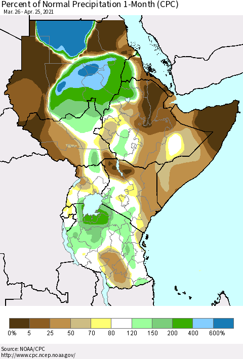 Eastern Africa Percent of Normal Precipitation 1-Month (CPC) Thematic Map For 3/26/2021 - 4/25/2021