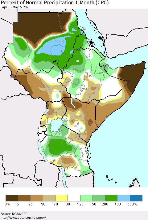 Eastern Africa Percent of Normal Precipitation 1-Month (CPC) Thematic Map For 4/6/2021 - 5/5/2021