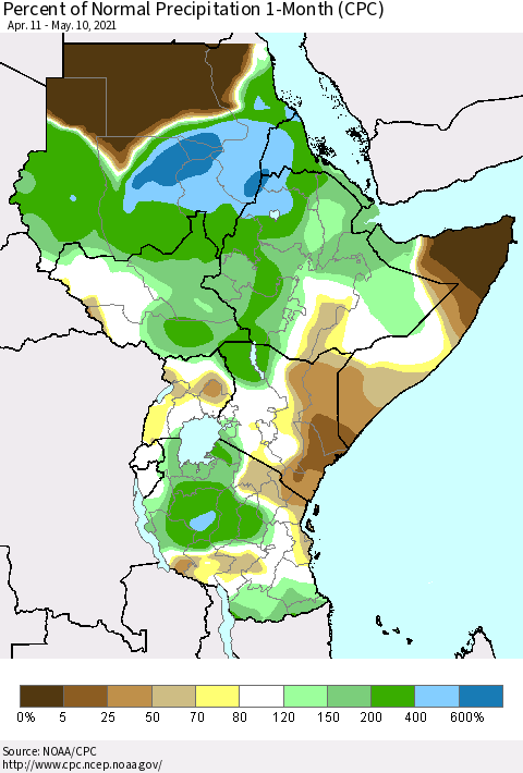 Eastern Africa Percent of Normal Precipitation 1-Month (CPC) Thematic Map For 4/11/2021 - 5/10/2021